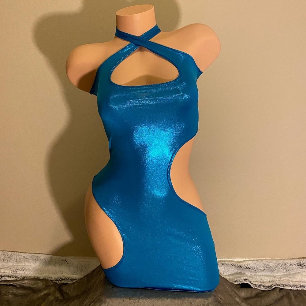 Handmade Sparkly Blue Woman Body-Con Hollowed Out Dress Size Small
